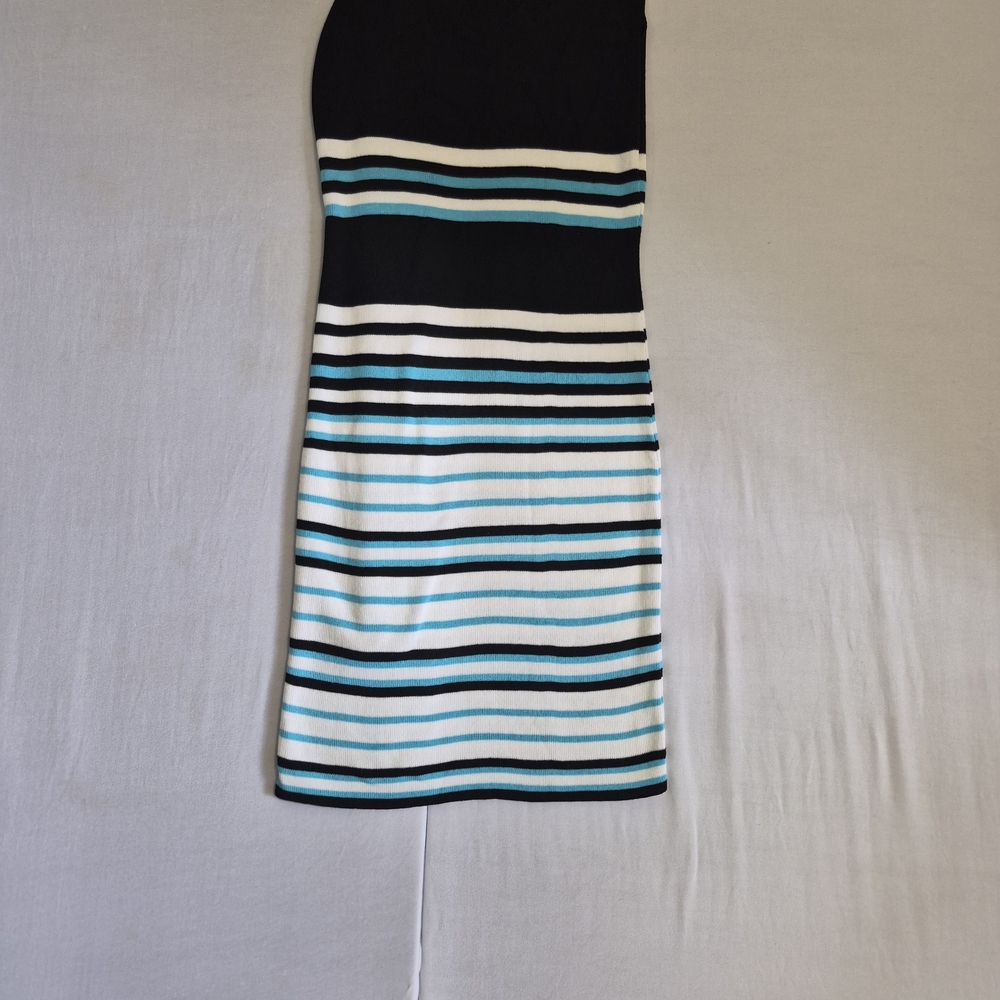 Black and White Striped Tube Dress with Teal Accents